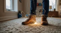 A person experiencing a static shock from a metal doorknob while standing on a carpet in wool socks, with frizzy hair and dry indoor air, showing causes of static electricity.