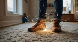 A person experiencing a static shock from a metal doorknob while standing on a carpet in wool socks, with frizzy hair and dry indoor air, showing causes of static electricity.