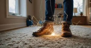A person experiencing a static shock from a metal doorknob while standing on a carpet in wool socks, with frizzy hair and dry indoor air, showing causes of static electricity.