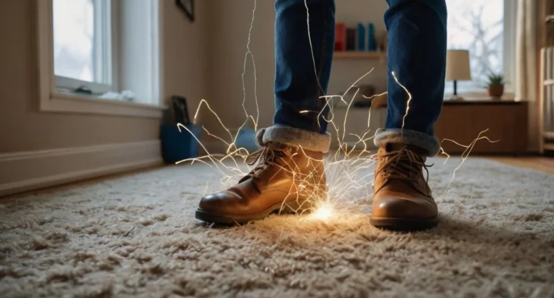 A person experiencing a static shock from a metal doorknob while standing on a carpet in wool socks, with frizzy hair and dry indoor air, showing causes of static electricity.