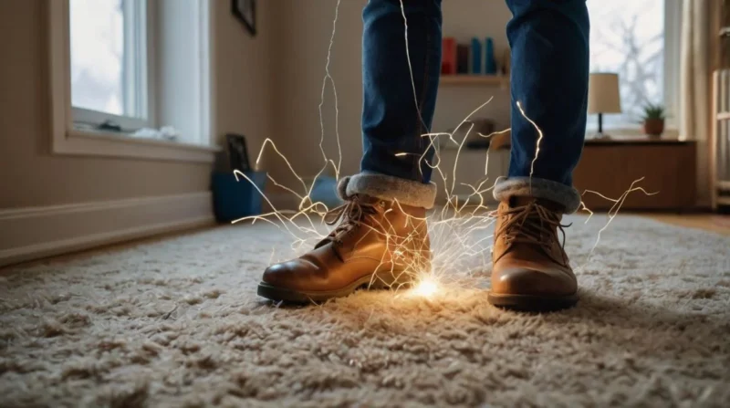 A person experiencing a static shock from a metal doorknob while standing on a carpet in wool socks, with frizzy hair and dry indoor air, showing causes of static electricity.
