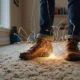 A person experiencing a static shock from a metal doorknob while standing on a carpet in wool socks, with frizzy hair and dry indoor air, showing causes of static electricity.