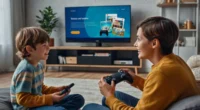 A parent and child sitting at a TV showing a game.