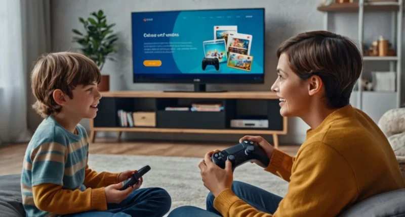A parent and child sitting at a TV showing a game.