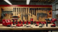 Milwaukee Power Tools drills displayed on a workbench, featuring both vintage and modern models.