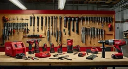 Milwaukee Power Tools drills displayed on a workbench, featuring both vintage and modern models.
