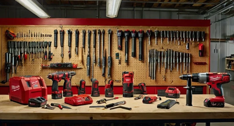 Milwaukee Power Tools drills displayed on a workbench, featuring both vintage and modern models.