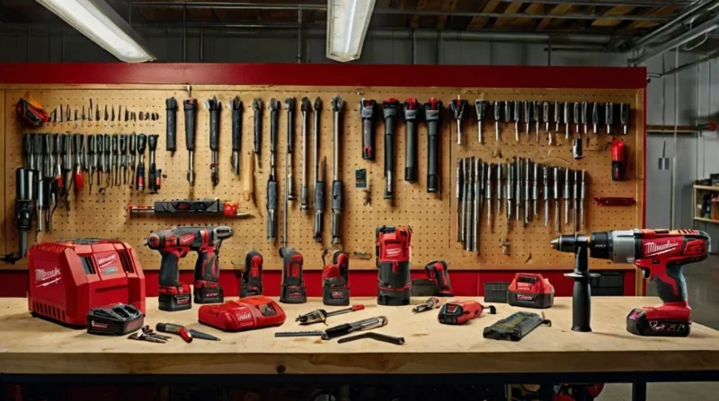 Milwaukee Power Tools drills displayed on a workbench, featuring both vintage and modern models.