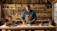 A carpenter choosing the right woodworking tools in a sunlit workshop, with both hand tools and power tools neatly arranged on the wall.