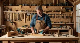 A carpenter choosing the right woodworking tools in a sunlit workshop, with both hand tools and power tools neatly arranged on the wall.