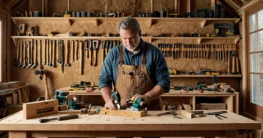 A carpenter choosing the right woodworking tools in a sunlit workshop, with both hand tools and power tools neatly arranged on the wall.
