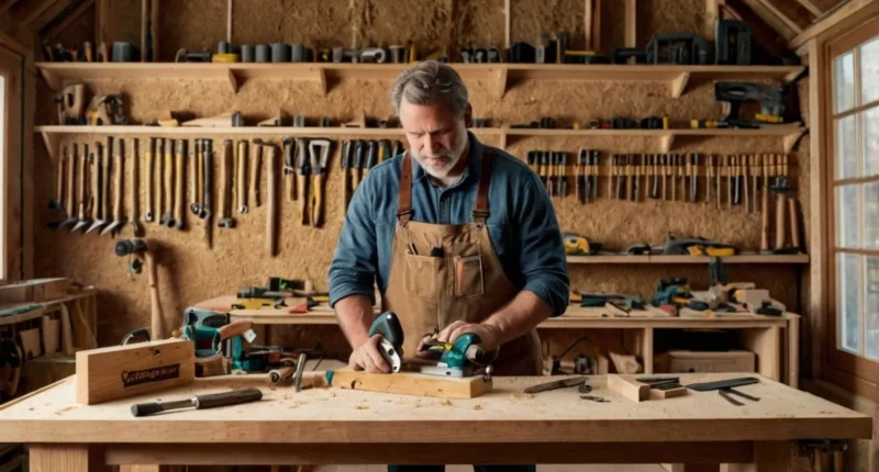A carpenter choosing the right woodworking tools in a sunlit workshop, with both hand tools and power tools neatly arranged on the wall.