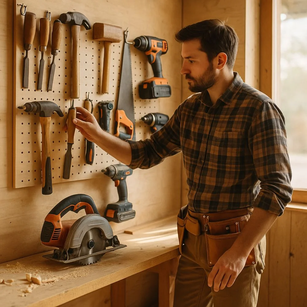 A carpenter choosing the right woodworking tools in a sunlit workshop