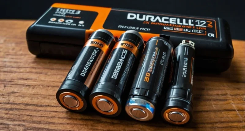 Flat lay of top CR123 batteries from brands like Duracell,