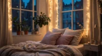 Cozy bedroom decorated with warm battery fairy lights draped around furniture, creating a magical glow with soft lighting,