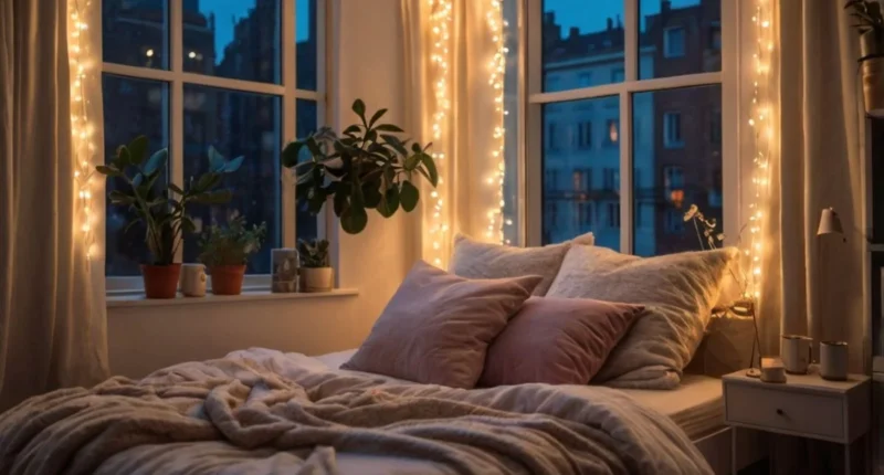 Cozy bedroom decorated with warm battery fairy lights draped around furniture, creating a magical glow with soft lighting,