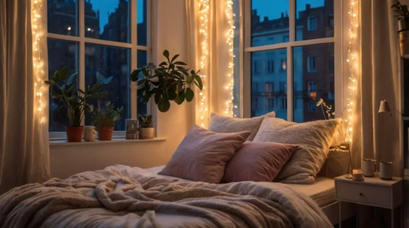 Cozy bedroom decorated with warm battery fairy lights draped around furniture, creating a magical glow with soft lighting,