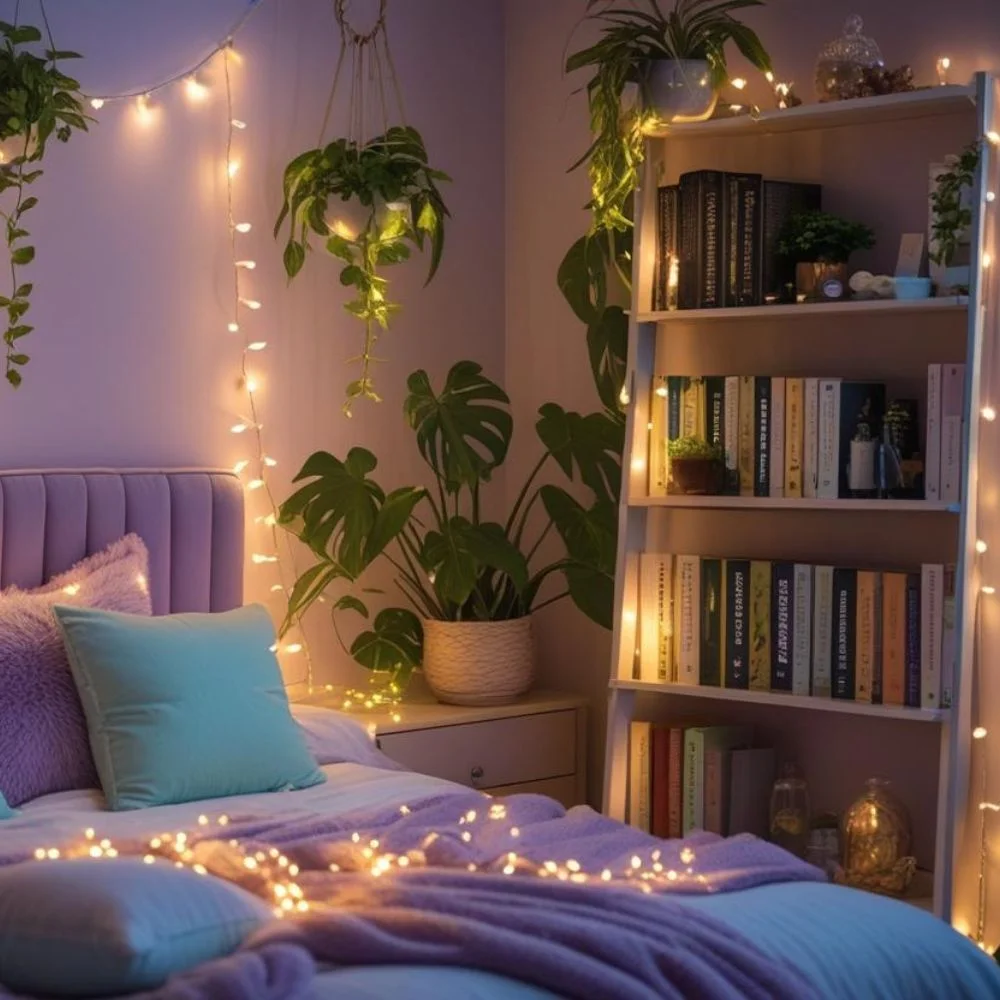 warm white battery-operated fairy lights draped across a headboard, around a mirror, and along a bookshelf.