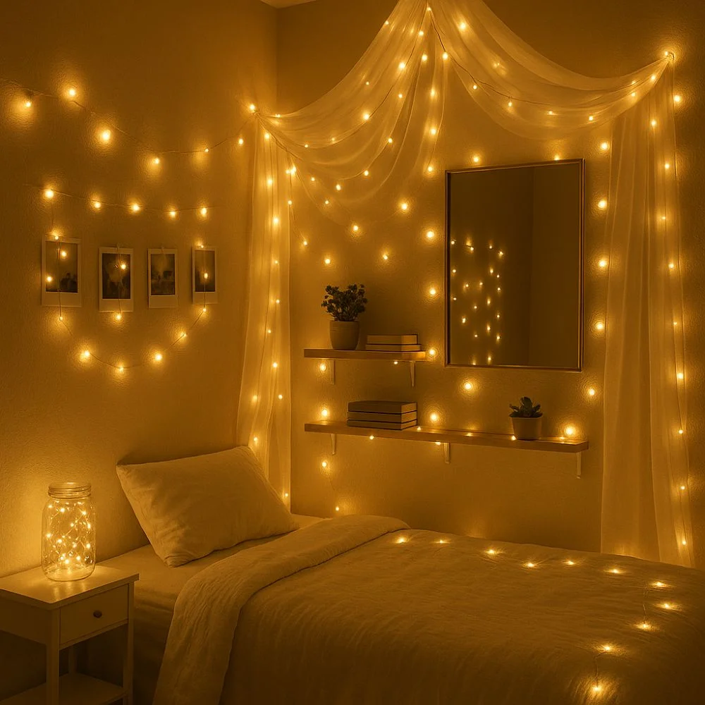 A cozy bedroom at night is softly illuminated by warm battery fairy lights draped across the walls