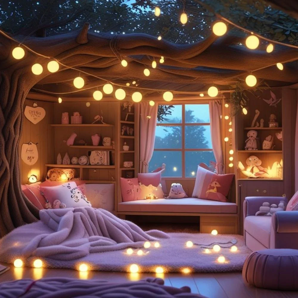 a gils room decorated with battery-operated fairy lights, giving beautiful ambiance.