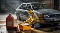 A realistic illustration showing a person wearing safety gloves and goggles while cleaning up a car battery acid spill using baking soda