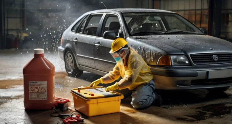 A realistic illustration showing a person wearing safety gloves and goggles while cleaning up a car battery acid spill using baking soda