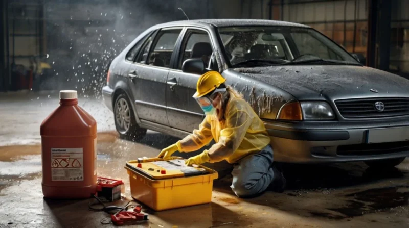 A realistic illustration showing a person wearing safety gloves and goggles while cleaning up a car battery acid spill using baking soda