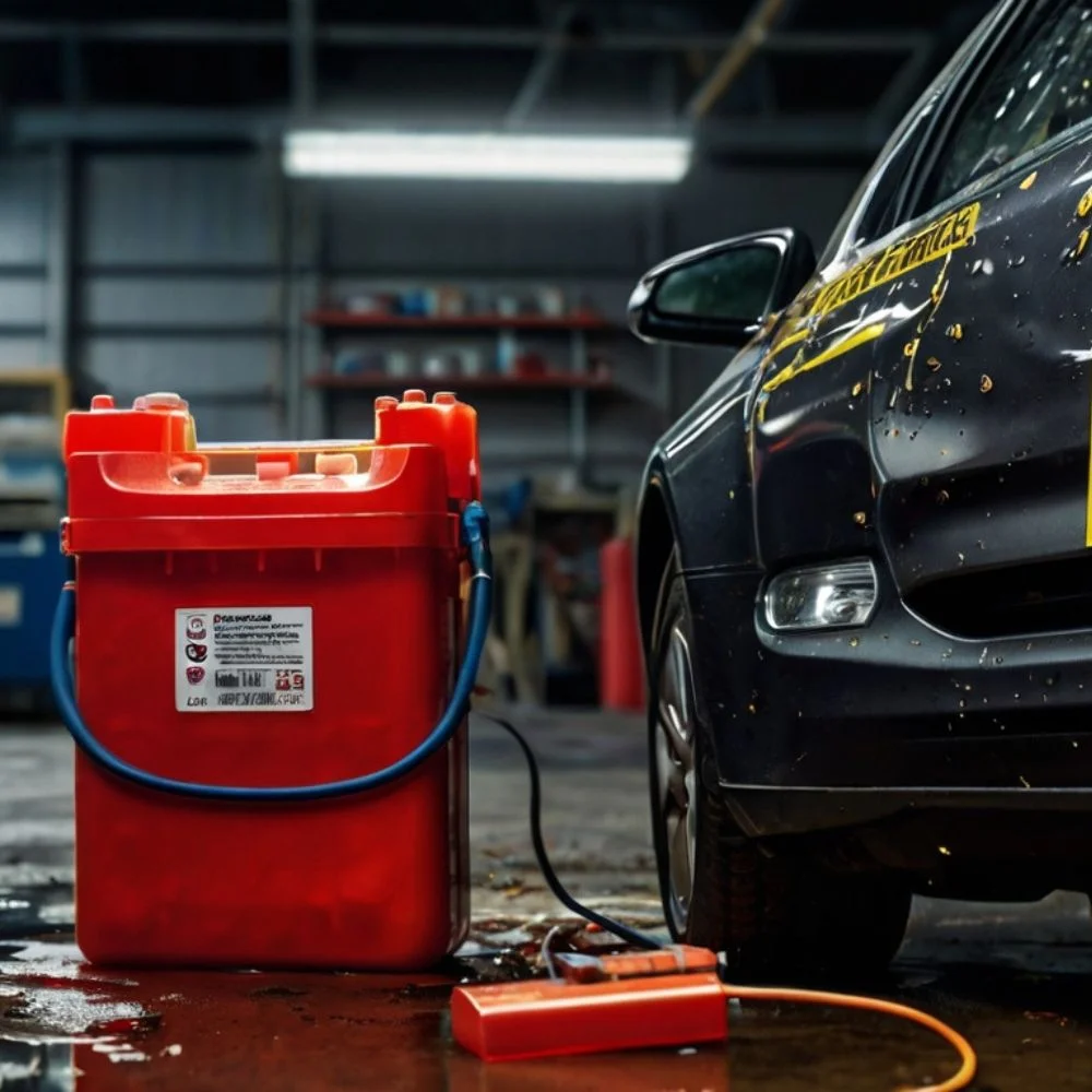 A detailed, realistic scene showing the dangers of battery acid: a close-up of a leaking car battery with warning signs,