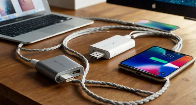 A clean, modern flat-lay image featuring 7 different USB-C to Lightning cables neatly arranged on a desk or tech workspace.