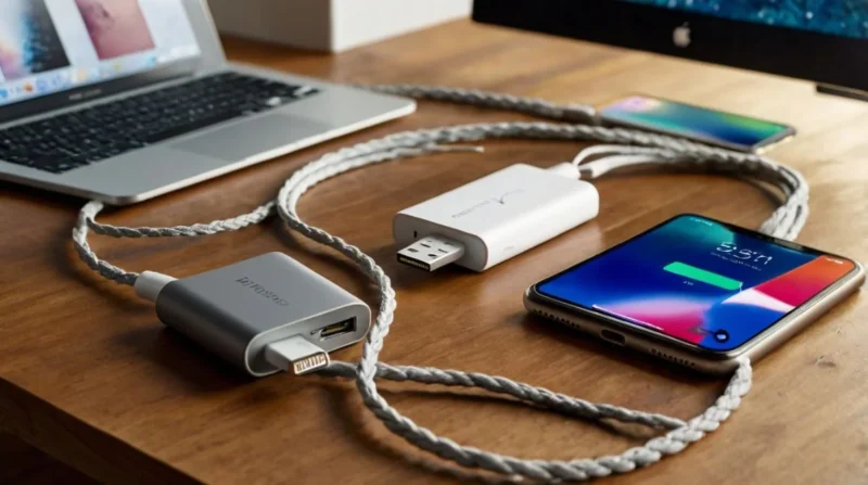 A clean, modern flat-lay image featuring 7 different USB-C to Lightning cables neatly arranged on a desk or tech workspace.