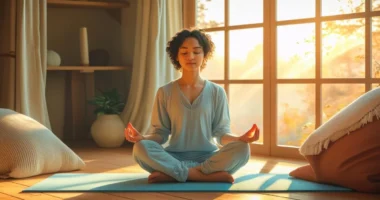 Person practicing a 10-minute mindfulness habit at home with a journal, tea, and natural light—promoting daily mental health and well-being.