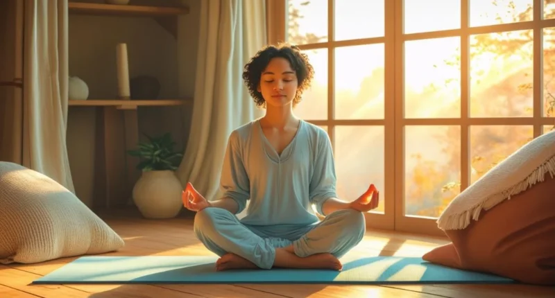Person practicing a 10-minute mindfulness habit at home with a journal, tea, and natural light—promoting daily mental health and well-being.