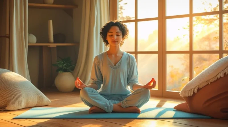 Person practicing a 10-minute mindfulness habit at home with a journal, tea, and natural light—promoting daily mental health and well-being.