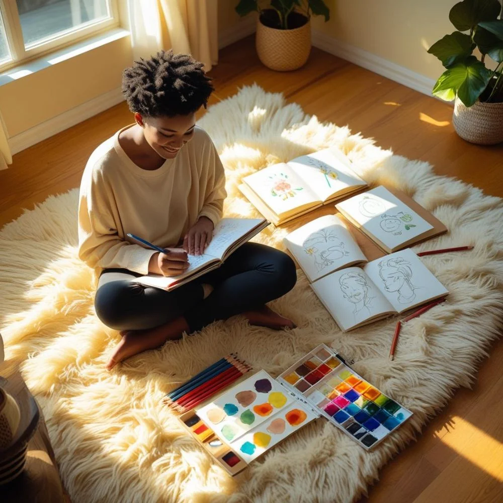 A young adult, relaxed and smiling, sits cross-legged on a plush rug, deeply engrossed in journaling in a sunlit room. They are surrounded by art supplies; pencils, sketchbooks, and a vibrant water color palette sit neatly beside them. Soft, natural light streams through a nearby window.