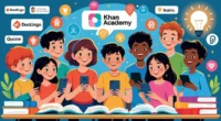 Students enjoying learning through fun and interactive study apps on phones and tablets, with educational icons and gamified elements around them