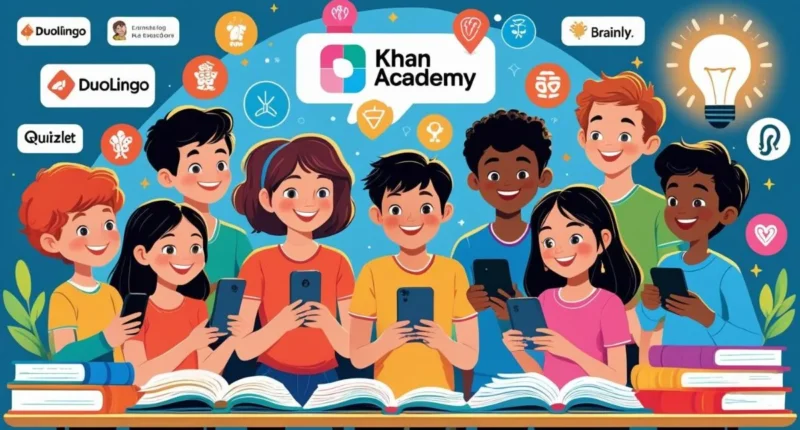 Students enjoying learning through fun and interactive study apps on phones and tablets, with educational icons and gamified elements around them