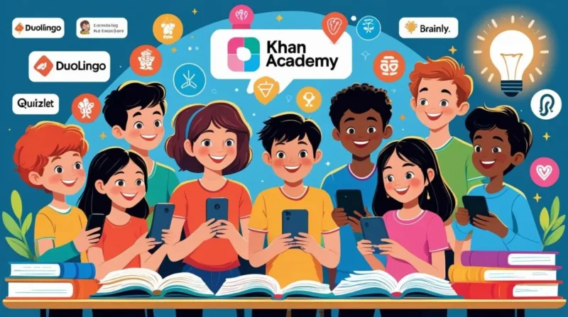 Students enjoying learning through fun and interactive study apps on phones and tablets, with educational icons and gamified elements around them