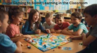 Children using educational board games to learn math and teamwork in a classroom setting”