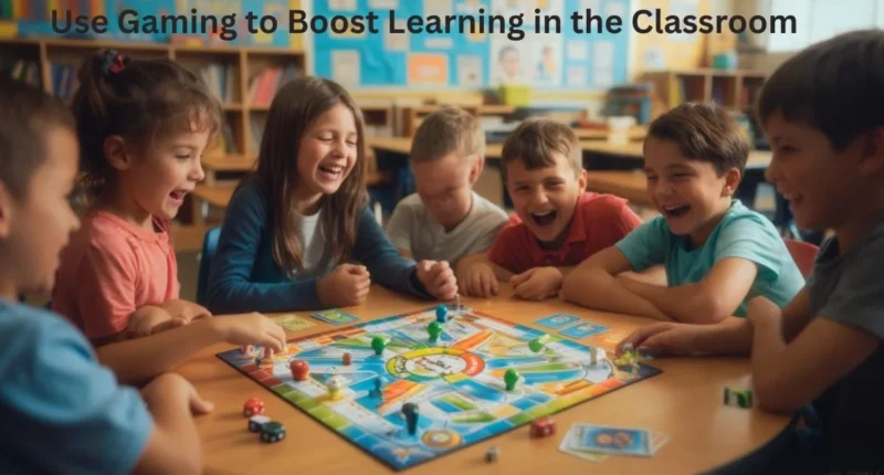 Children using educational board games to learn math and teamwork in a classroom setting”