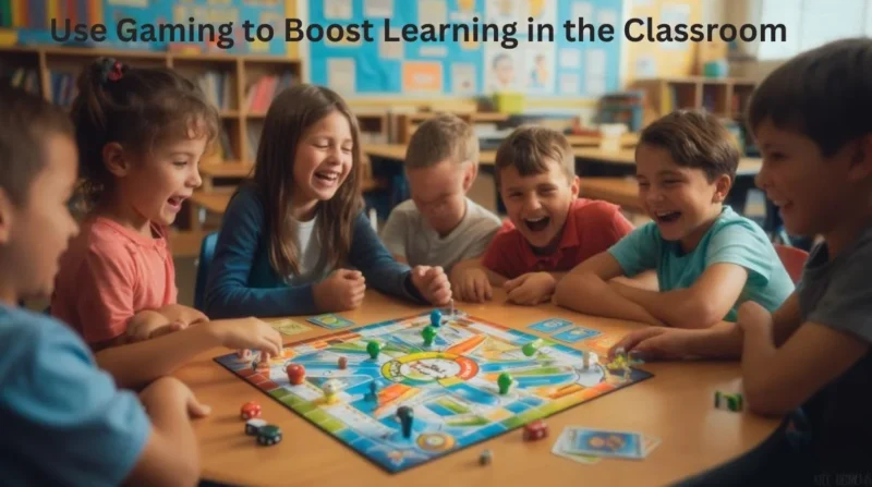 Children using educational board games to learn math and teamwork in a classroom setting”
