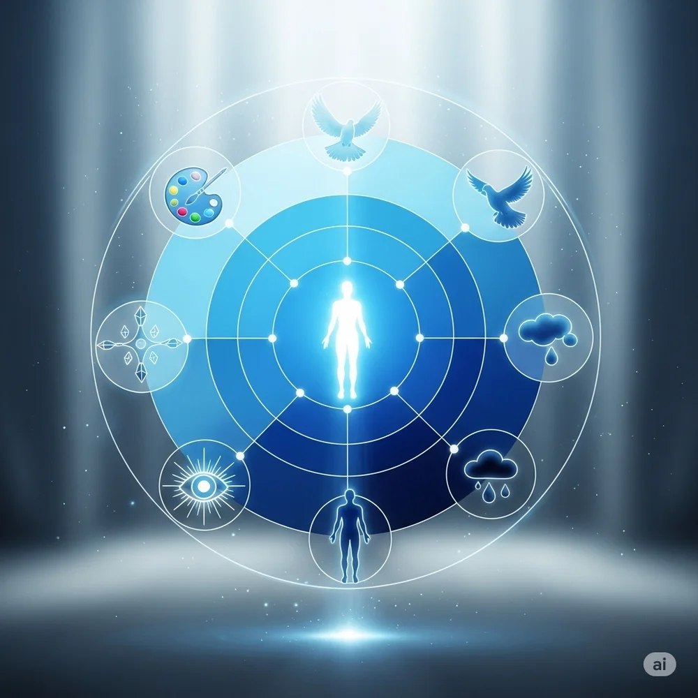 A mystical chart displaying light, sky, royal, and dark blue aura shades, each linked to a glowing figure with icons symbolizing creativity, peace, intuition, and healing.