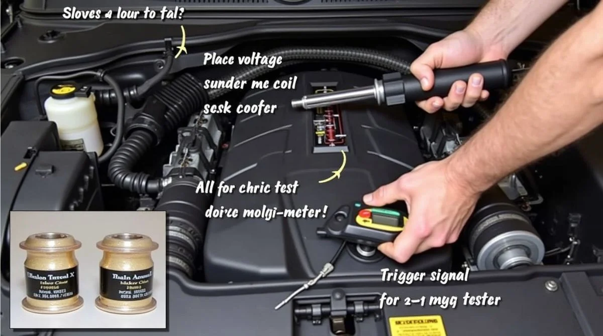 Visual guide to testing coil-on-plug wires with spark tester and multimeter.