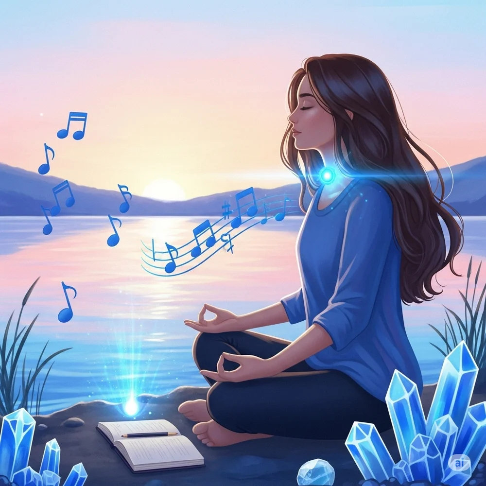 A calm lakeside meditation scene at sunrise, with a blue-aura figure surrounded by symbols of healing music, crystals, and a journal signifying clarity and expression.