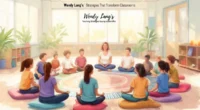 "Teacher sitting cross-legged with a group of diverse young students in a circle on colorful cushions in a bright classroom, practicing mindfulness or discussion.