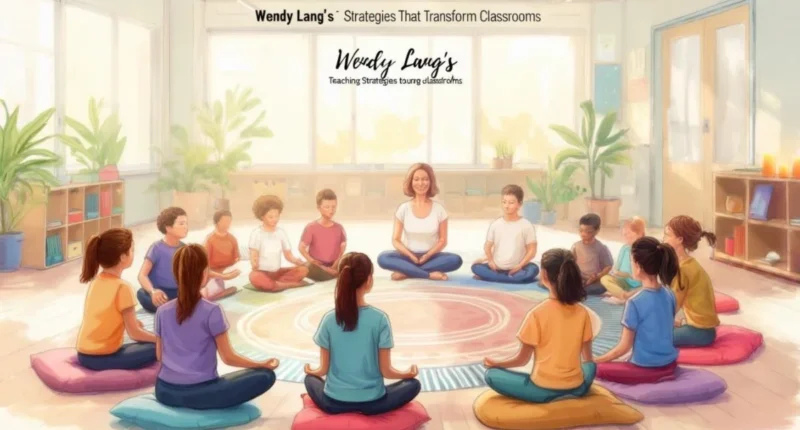 "Teacher sitting cross-legged with a group of diverse young students in a circle on colorful cushions in a bright classroom, practicing mindfulness or discussion.