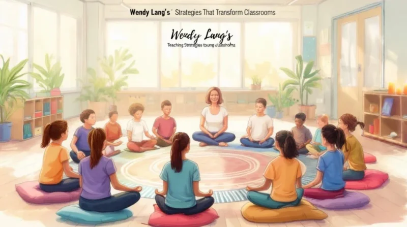 "Teacher sitting cross-legged with a group of diverse young students in a circle on colorful cushions in a bright classroom, practicing mindfulness or discussion.