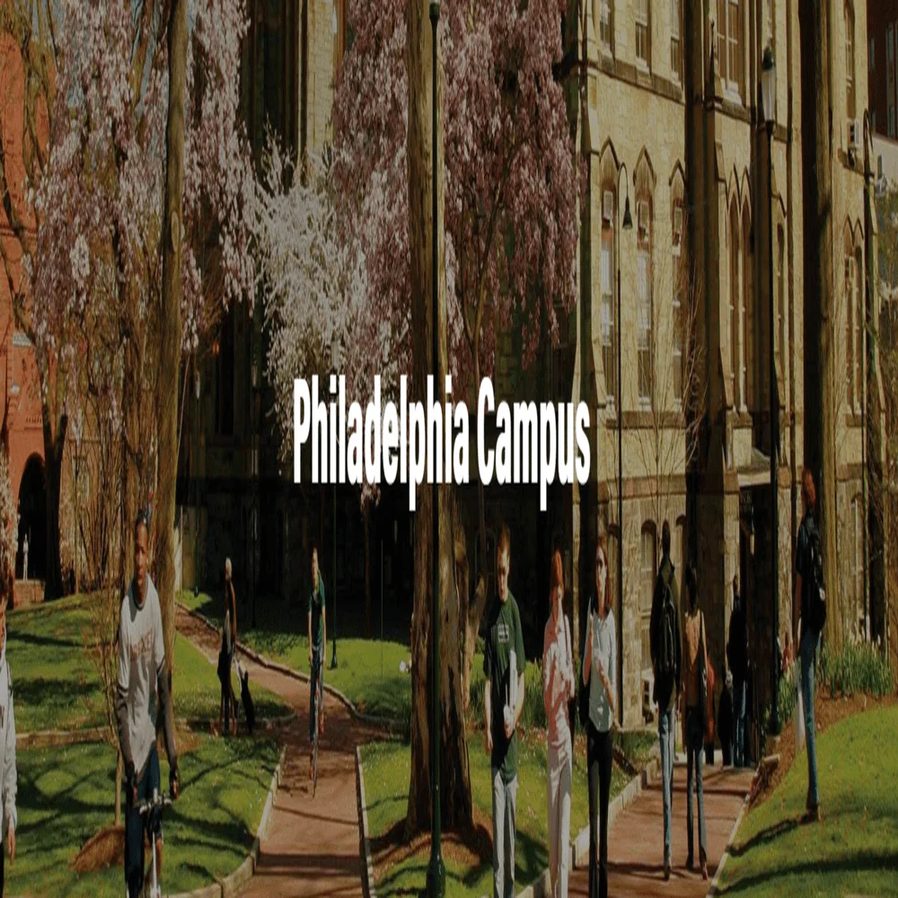 Image of students on the University of Pennsylvania's Philadelphia campus with spring trees and historic buildings, labeled “Philadelphia Campus.”