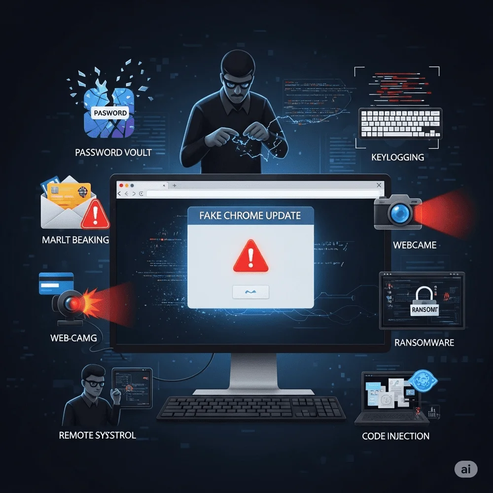 Illustration showing fake Chrome update pop-up, hacker exploiting a zero-day flaw, and icons representing password theft, webcam spying, ransomware, and remote control. 