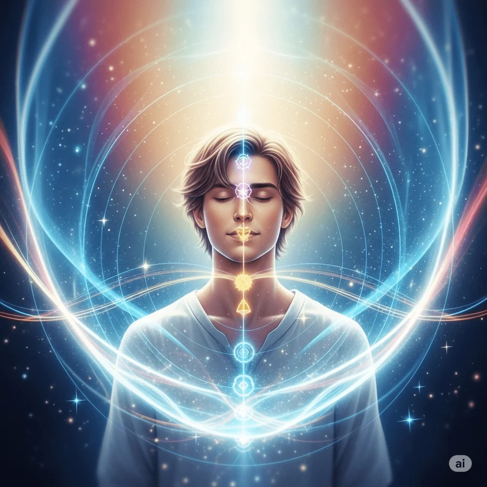 An ethereal human figure surrounded by a glowing blue aura with hints of other colors, set against a soft, mystical background, symbolizing spiritual energy, emotional state, and inner vibration.