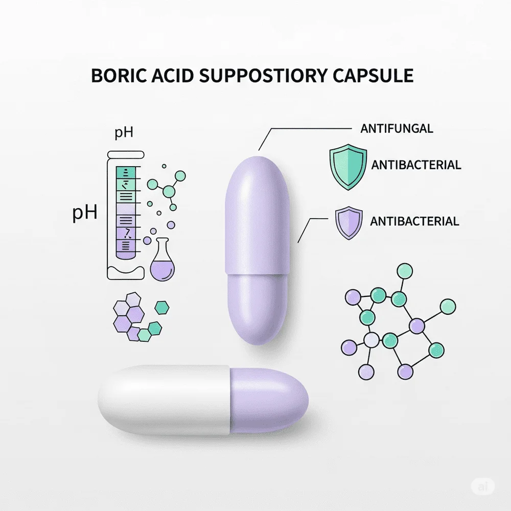 “Illustration of a boric acid suppository capsule with labeled antifungal and antibacterial properties, pH balance symbols, and a clean pastel background.”